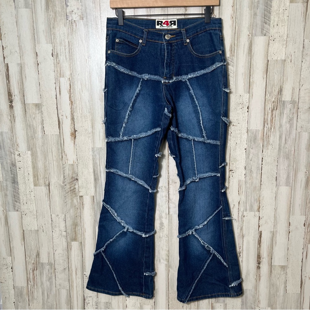 Rave 4 Real Vintage Y2K Frayed Patchwork Flare Jeans‎ Hippie Boho Womens Sz 9/30
